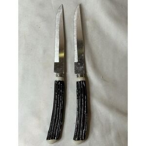 2 Vtg C.A. Dinner Steak Knives Faux Antler Bone Handle Stainless Steel Japan